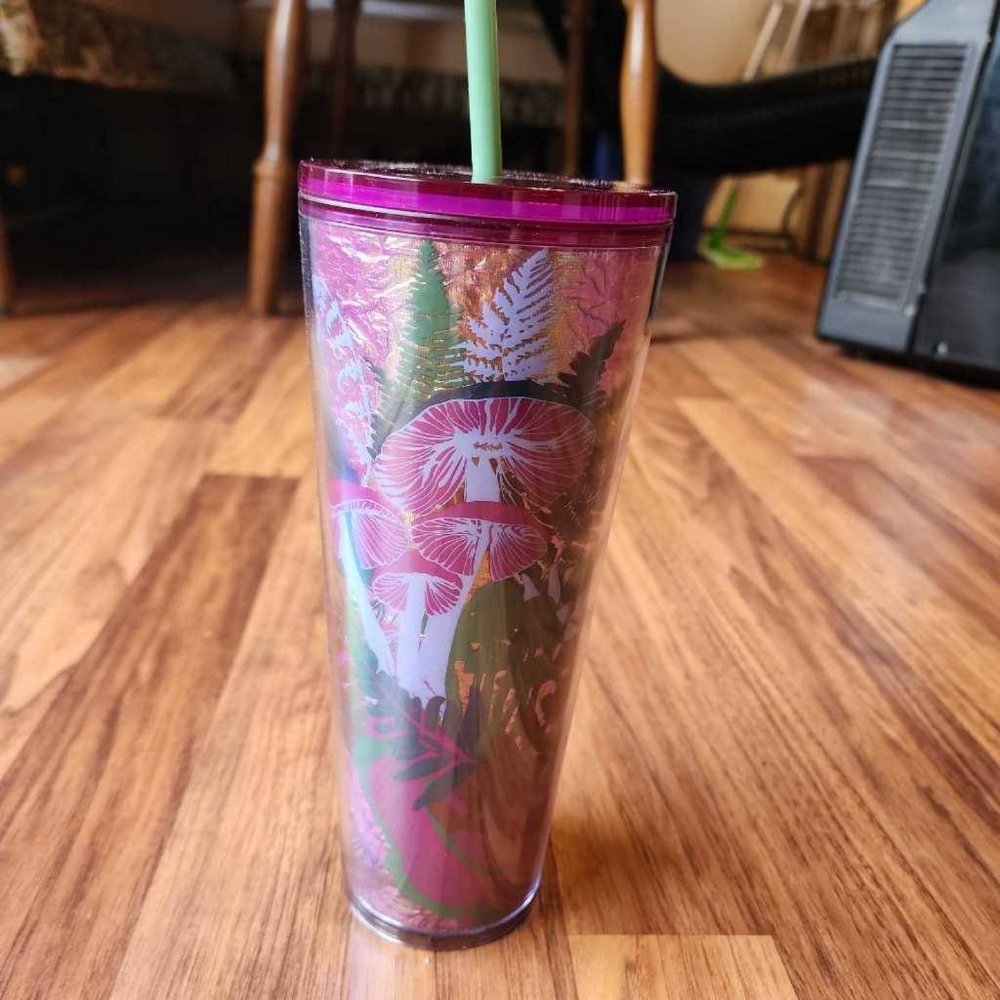 Starbucks 2022 Fall Mushroom Fern Forest Foil Tumbler Purple Gold Straw 24oz New